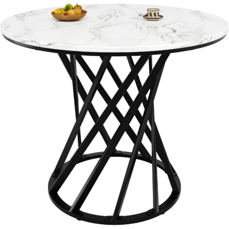 Tavolo da pranzo rotondo per 4 persone, tavolo da cucina e soggiorno, MDF, 80×80×76 cm, gambe in metallo, bianco+nero