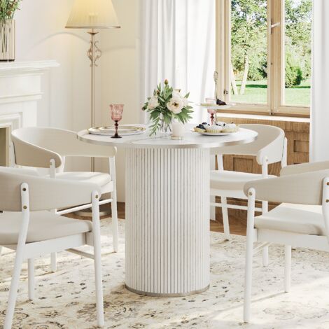 Tavolo da pranzo rotondo per 4 persone, tavolo da pranzo con base a doghe in legno, per cucina, soggiorno, bianco (solo tavolo)
