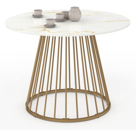 IDMARKET Tavolo da pranzo rotondo YUNA per 6 persone con base in filo d'ottone e piano ALASKA 110 cm effetto marmo bianco