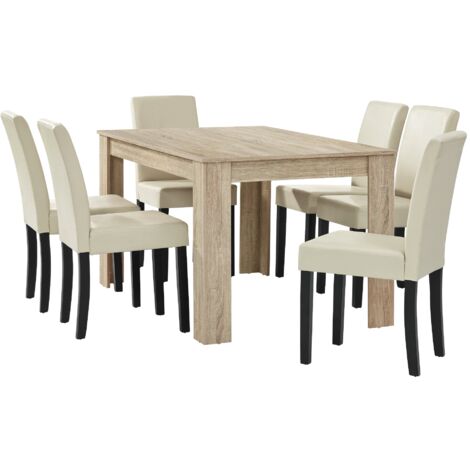 Tavolo da pranzo rovere lucido con 6 sedie panna imbottite in pelle-sintetica 140x90 cm 030004047
