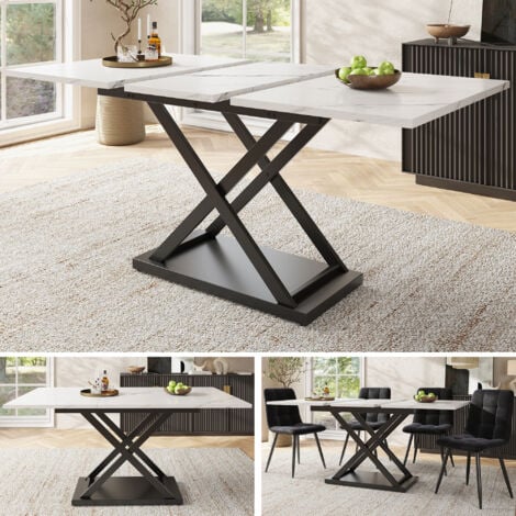 Tavolo da pranzo tavolo telescopico (120-160×80cm), tavolo da pranzo allungabile, tavolo da cucina salvaspazio, gambe incrociate in ferro nero, per cucina e soggiorno, tavolo da pranzo in marmo bianco