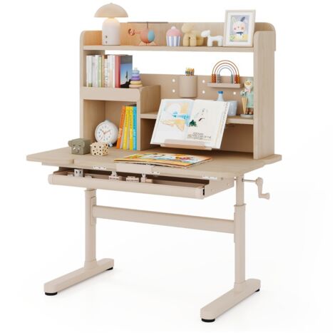 Tavolo da studio regolabile in altezza con piano inclinabile mensole, Scrivania per bambini con libreria e cassetto Naturale