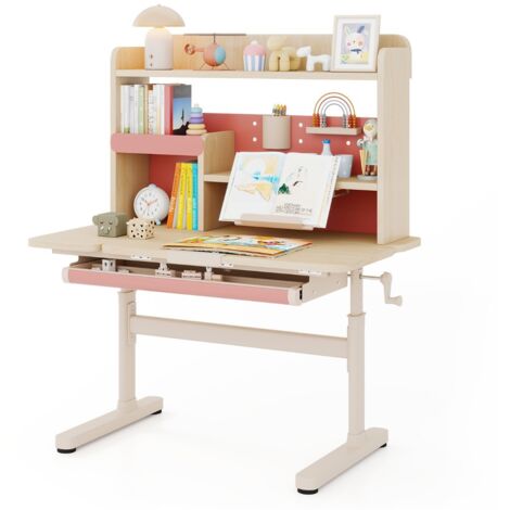 Tavolo da studio regolabile in altezza con piano inclinabile mensole, Scrivania per bambini con libreria e cassetto Rosa