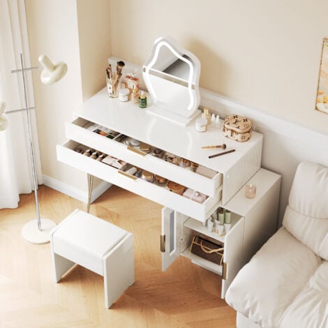 Tavolo da toeletta con specchio illuminato a LED, set da toeletta bianco dal design allungabile, tavolo da trucco moderno per camera da letto - Dimensioni: L100/A78/P40 cm (senza sgabello)
