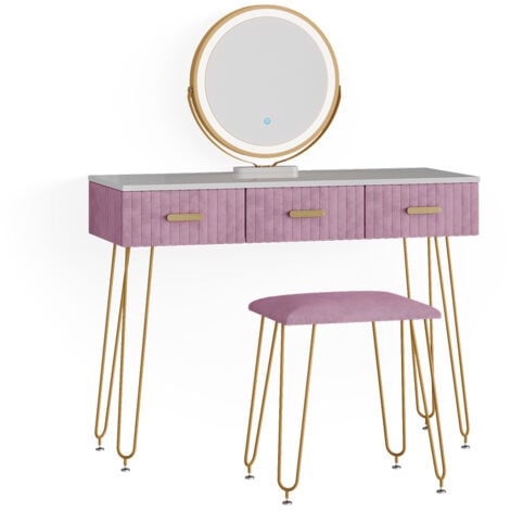 Tavolo da toeletta Layla, rosa, 100 cm con illuminazione LED e sgabello, Vicco