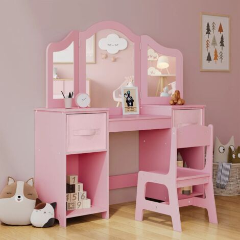 Tavolo da toeletta per bambini con specchio, sgabello e contenitore, 108x30x114 cm, scrivania per bambini, tavolo da trucco
(Rosa)