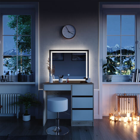 Tavolo da toeletta Sherry, Sonoma, 90 cm con specchio LED e sgabello, Vicco