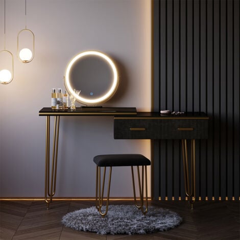 Tavolo da toeletta Zoey, Nero, 120 cm con specchio LED e sgabello, Vicco
