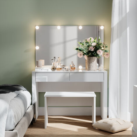 Tavolo da toilette Annabelle, Bianco lucido/bianco, 110 cm con illuminazione a LED e panca, Vicco