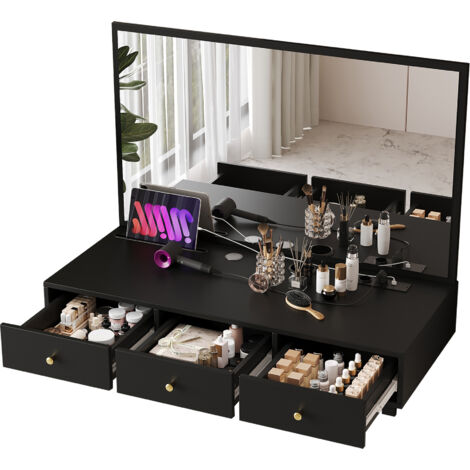 Tavolo da Trucco 100x105x45 cm, con Specchio a Parete, 3 Cassetti, Prese Elettriche, Slot e Portabevande,Truciolare, Nero