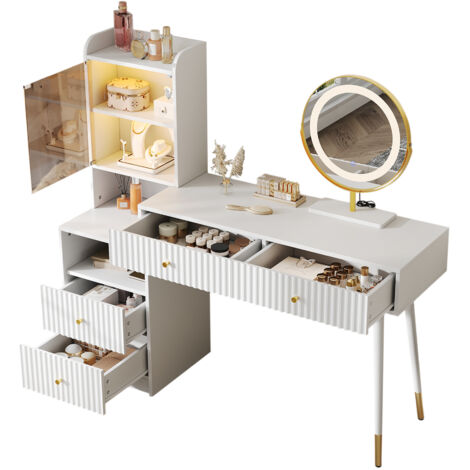 Tavolo da Trucco 100x40x125 cm, Vetrina con Illuminazione 6000 Colori, 4 Cassetti, Pannello Truciolare Resistente, Bianco