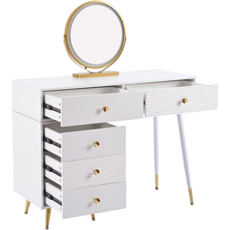 Tavolo da Trucco 100x78x40 cm, Specchio, con illuminazione Regolabile e 5 Cassetti, MDF, Bianco, per camera