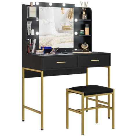 TAVOLO DA TRUCCO CON 2 CASSETTI. 6 RIPIANI. SPECCHIO E SGABELLO. IN LEGNO E ACCIAIO. 90X45X132.5 CM. NERO