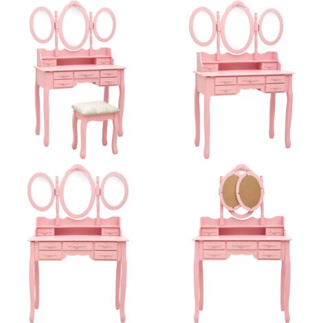 Tavolo da Trucco con Sgabello e Specchio Pieghevole in 3 Rosa - Sgabello - Specchio