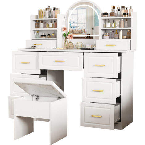 Tavolo da trucco con Specchio 120x40x135 cm con Illuminazione LED a Tre Tonalità, 9 cassetti, in MDF Bianco, per camera