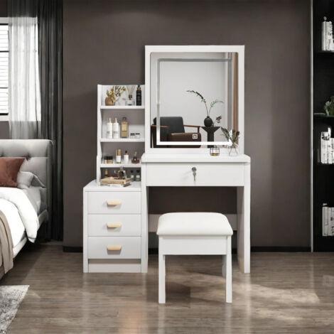 Tavolo da Trucco con Specchio Grande 85x36x130cm, illuminazione regolabile e 4 cassetti, Bianco MDF per camera