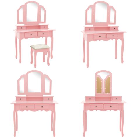 Tavolo da Trucco e Sgabello Rosa 100x40x146cm Legno Paulownia - Sgabello da toeletta - Tavolo da toeletta con specchio