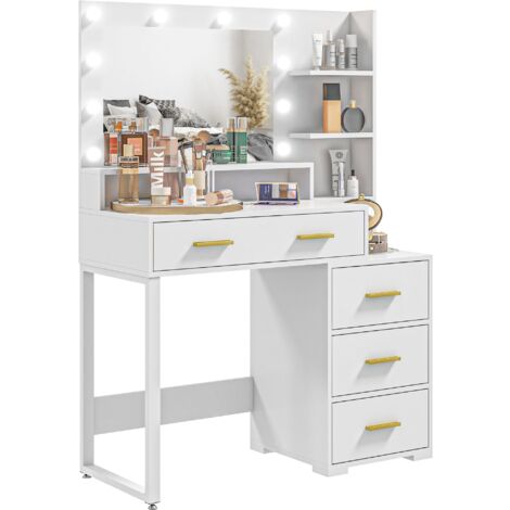Tavolo da Trucco in Legno 100x40x138 cm con 4 Cassetti 6 Ripiani Aperti e Specchio Bianco