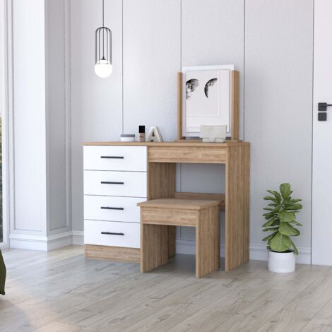 Tavolo da trucco Kaia con specchio e sedia inclusi, dimensioni 126,7 cm L x 100 cm L x 42,5 cm P, finitura Honey/White