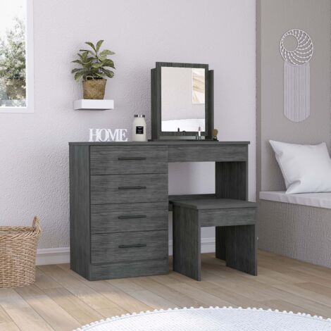 Tavolo da trucco Kaia con specchio e sedia inclusi, dimensioni 126,7 cm L x 100 cm P x 42,5 cm H, finitura in rovere grigio