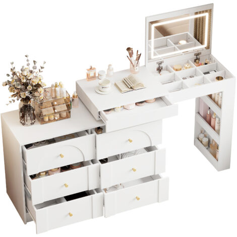 Tavolo da Trucco105x40x80 cm, Specchio a 3 Colori con Intensità Regolabile, 7 Cassetti, Pannello Truciolare, Bianco