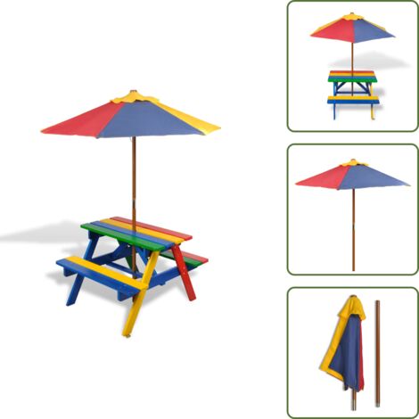 Tavolo e panchine - vidaXL Tavolo e Panchine per Bambini con Parasole Legno Multicolore - Tavolo da picnic con parasole