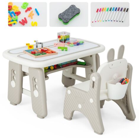 Tavolo e sedia per bambini con mensola ribaltabile lavagna magnetica cancellabile, Tavolo e sedia per imparare Grigio