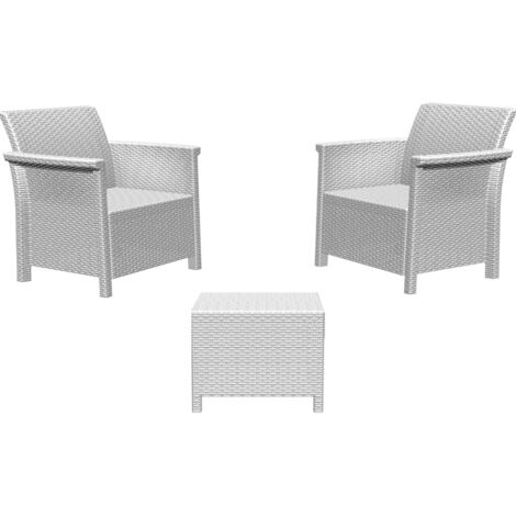 Tavolo e Sedie da Giardino Esterno Set 2 Poltrone 1 Tavolino Salotto in Rattan Bianco per Bar e Balcone