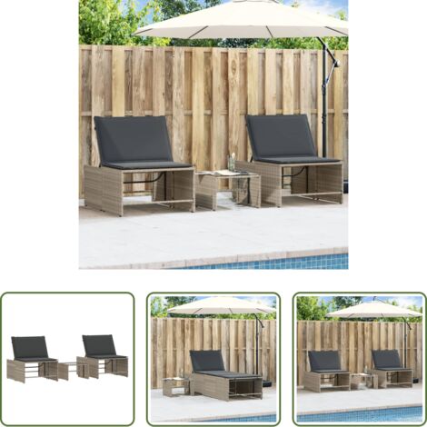 Tavolo esterno -  Lettini prendisole 2 pz con tavolo grigio chiaro in polyrattan