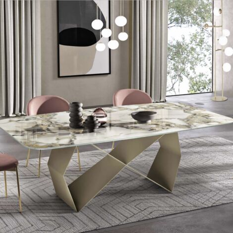 Tavolo fisso 210 cm KARL base metallo Beige e piano effetto marmo Symphonie Oro