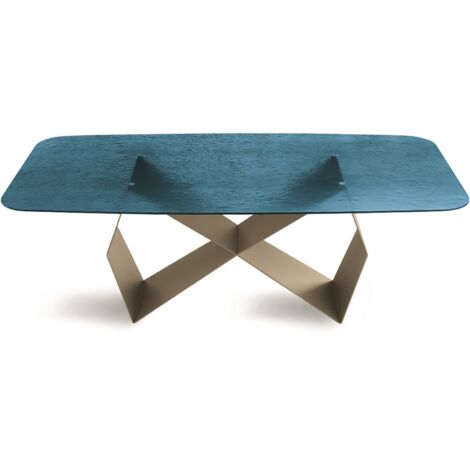 Tavolo fisso 210 cm KARL con base metallo Beige e piano vetro martellato Blu