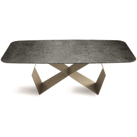 Tavolo fisso 210 cm KARL con base metallo Beige e piano vetro martellato Fume'