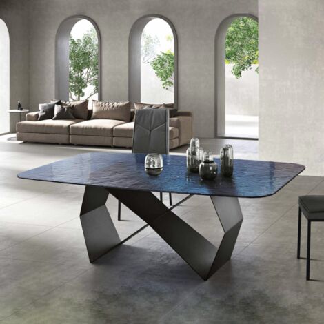 Tavolo fisso 210 cm KARL con base metallo Nero e piano vetro martellato Blu