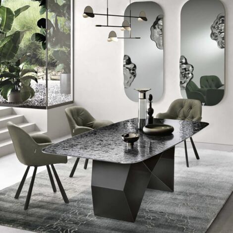 Tavolo fisso 210 cm KARL con base metallo Nero e piano vetro martellato Fume'