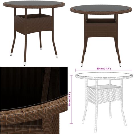 Tavolo Giardino Ø80x75 cm Vetro Temperato e Polyrattan Marrone - Vetro temperato - Polyrattan