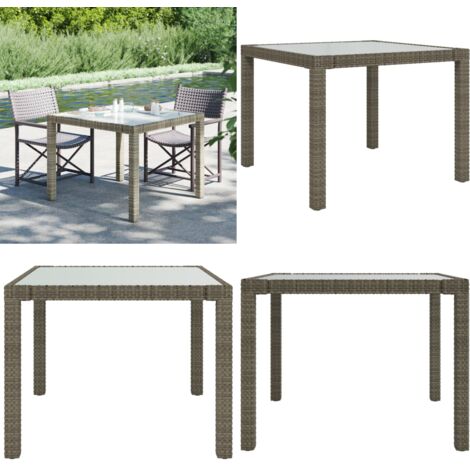 Tavolo Giardino 90x90x75cm Vetro Temperato e Polyrattan Grigio - Tavolo da esterno - Tavolo in vetro temperato