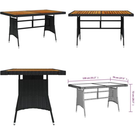 Tavolo Giardino Nero 130x70x72cm Polyrattan e Massello d'Acacia - Tavolo da pranzo all'aperto - Tavolo in rattan