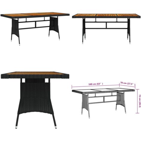 Tavolo Giardino Nero 160x70x72cm Polyrattan e Massello d'Acacia - Tavolo da pranzo all'aperto - Tavolo in rattan