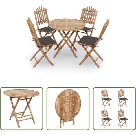 Tavolo in bambù -  Set da Pranzo da Giardino 5 pz Pieghevole con Cuscini in Bambù