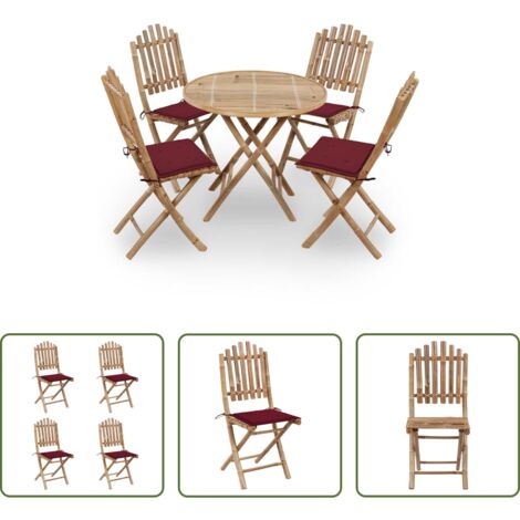 Tavolo in bambù -  Set da Pranzo da Giardino 5 pz Pieghevole con Cuscini in Bambù