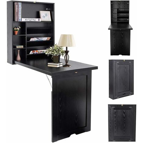 Tavolo in Legno Pieghevole da Parete per Computer, Tavolo da Muro con Pieghevole con Libreria, 94,5 x 48 x 151 cm (Nero)