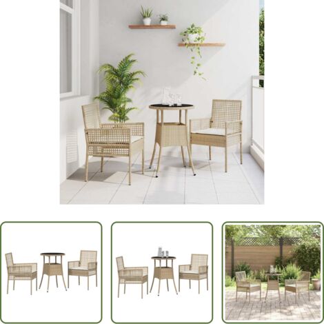 Tavolo in vetro -  Set da Pranzo per Giardino 3 pcs Beige polyrattan