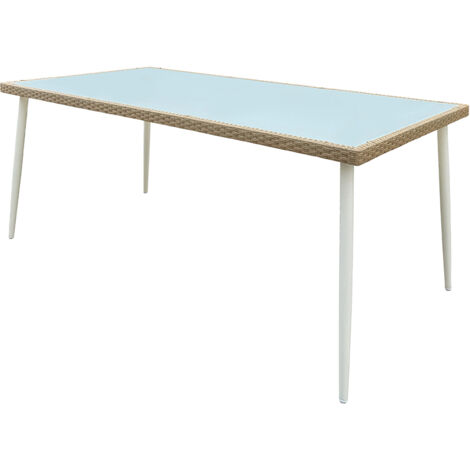 Tavolo madeira, in acciaio e wicker, top in vetro stampato opaco 180x90 cm, colore bianco