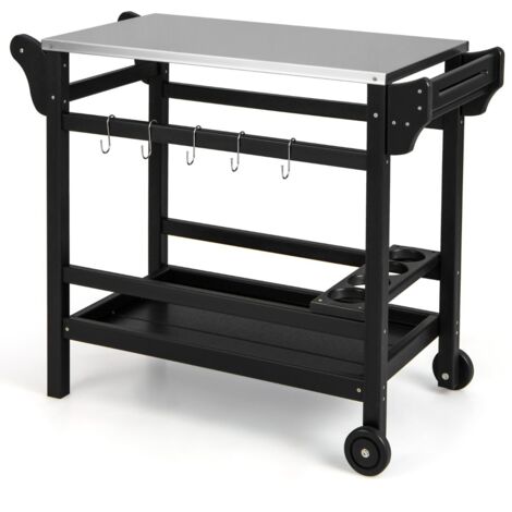 Tavolo mobile da esterno per cibi Stand per forno a pizza in HDPE con piano in acciaio inox vassoio Nero
