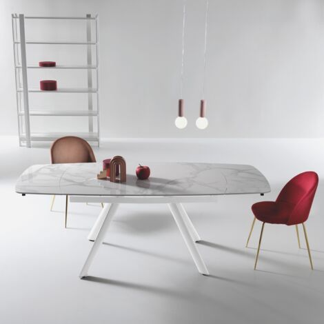 Tavolo moderno allungabile a 210 cm base metallo e piano effetto Marmo Bianco TERENCE