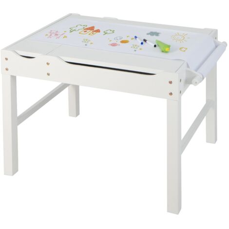 Tavolo multiattività bambini con piano reversibile porta rotolo di carta da disegno, Tavolo costruzioni Bianco