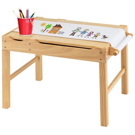 Tavolo multiattività bambini con piano reversibile porta rotolo di carta da disegno, Tavolo costruzioni Naturale