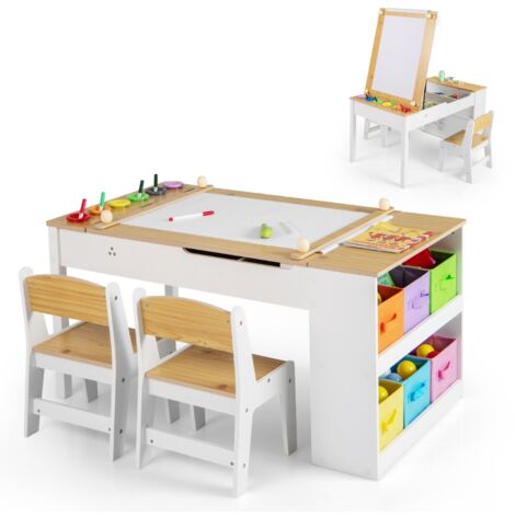Tavolo multifunzione in legno con piano sollevabile rotolo di carta di stoccaggio, Set tavolo da disegno e cavalletto per bambini Naturale