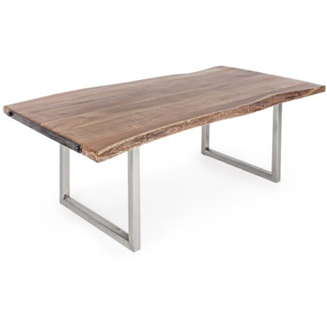 Tavolo Osbert rettangolare, con gambe in acciaio, piano in legno di acacia, stile moderno -220 x 100 cm