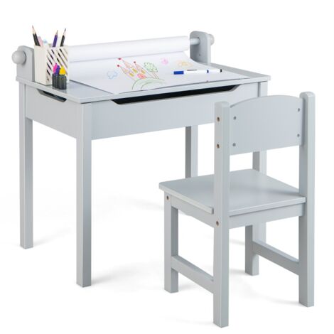 Tavolo per bambini con sedia vano portaoggetti e portarotolo per disegnare giocare, Set di tavolino con sedia Grigio
